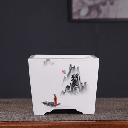 轻奢紫砂花盆陶瓷四方形彩绘水墨山水画蝴蝶兰花盆景盆中国风特价