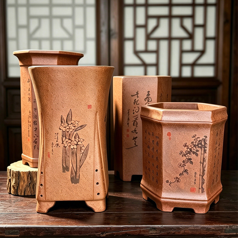 宜兴紫砂兰花盆高款大号四方六方形手工刻绘复古柴烧盆景盆栽盆