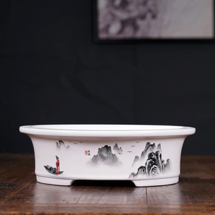 精品花盆陶瓷大号彩绘贴画椭圆形盆景盆中国风多肉绿植盆栽盆新款