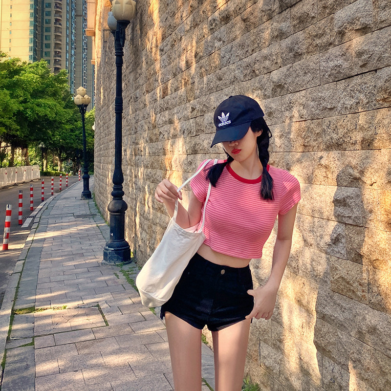 辣妹撞色短款条纹T恤女薄款短袖图片