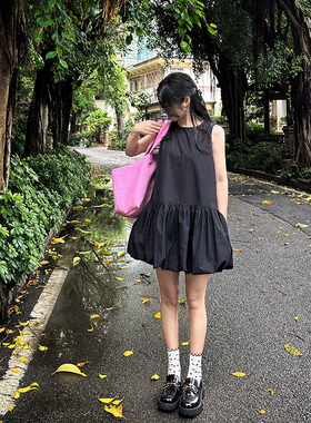 纯黑色背心连衣裙短裙女蓬蓬A字版型甜美显瘦藏肉韩版百搭裙子夏