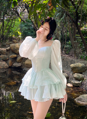 FlowerSong/绿色泡泡袖雪纺连衣裙女夏甜辣仙女气质收腰裙子纯欲