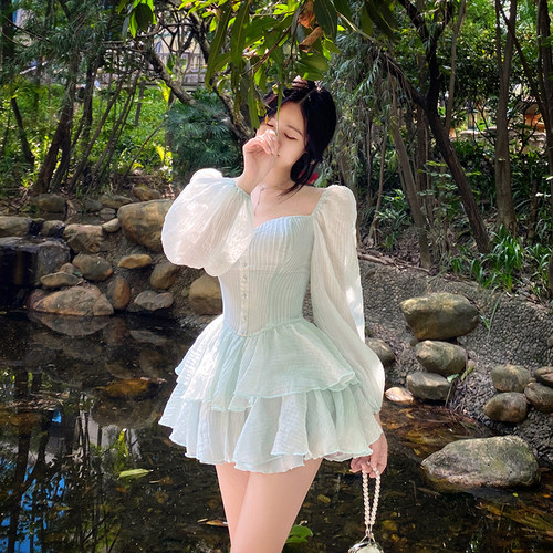 绿色泡泡袖雪纺连衣裙仙女