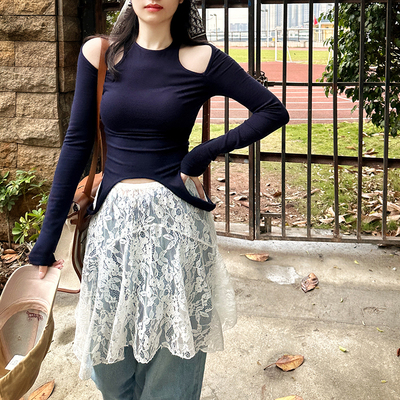 长袖通勤薄款露肩纯棉女修身T恤