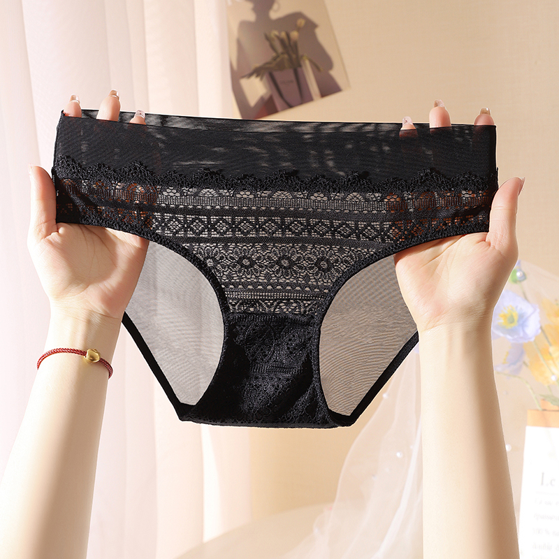 性感内裤女生中腰包臀蕾丝收腹薄款丝滑冰丝女士高级裸感三角裤夏