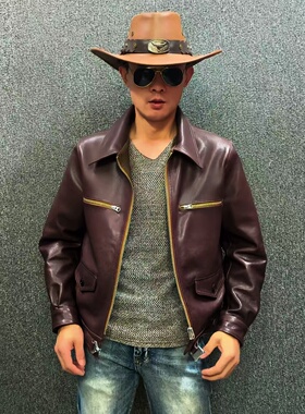 德飞全植鞣山羊皮男士短款外套真皮皮衣经典翻领酷帅春秋宽松百搭