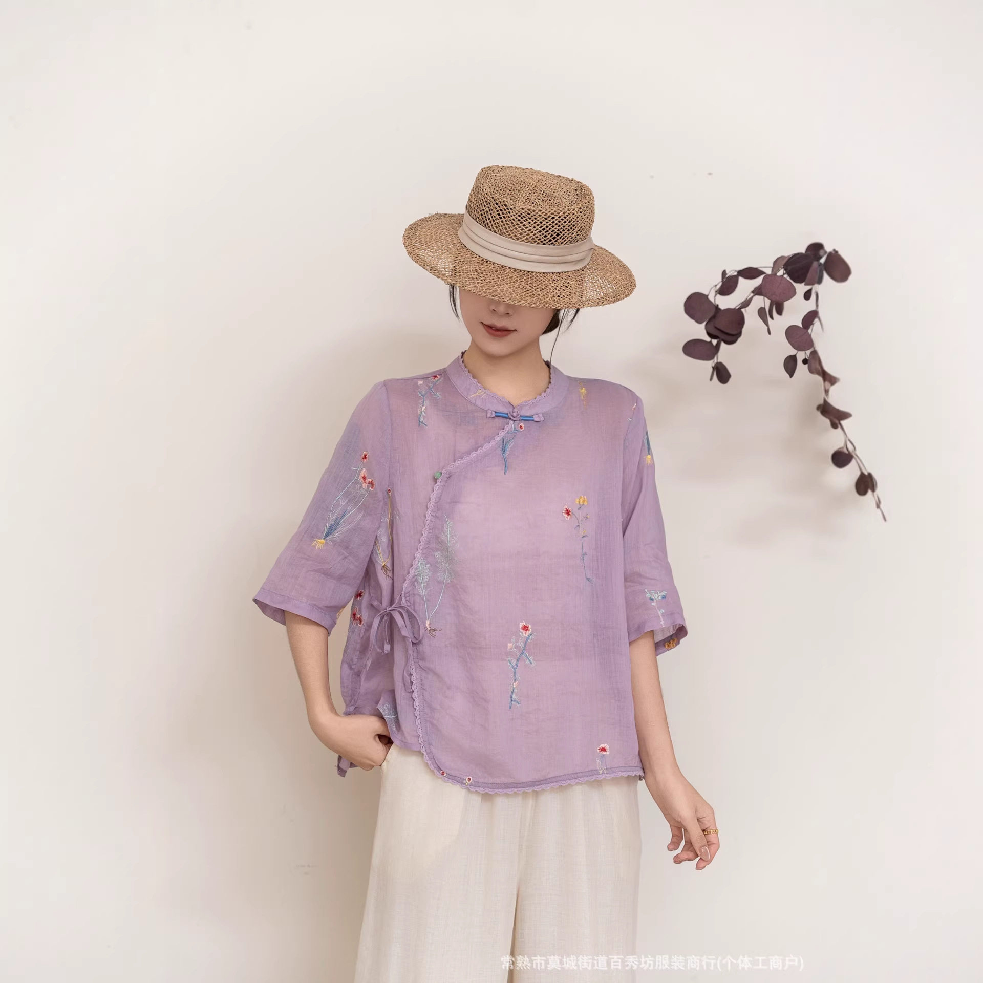 园园美衣新款国风苎麻盘扣刺绣小衫立领文艺复古女士斜襟短袖衬衫