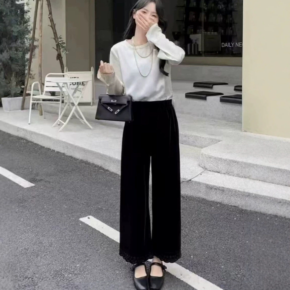 园园美衣时尚感金丝绒阔腿裤女花边拼接九分裤宽松休闲直筒裤