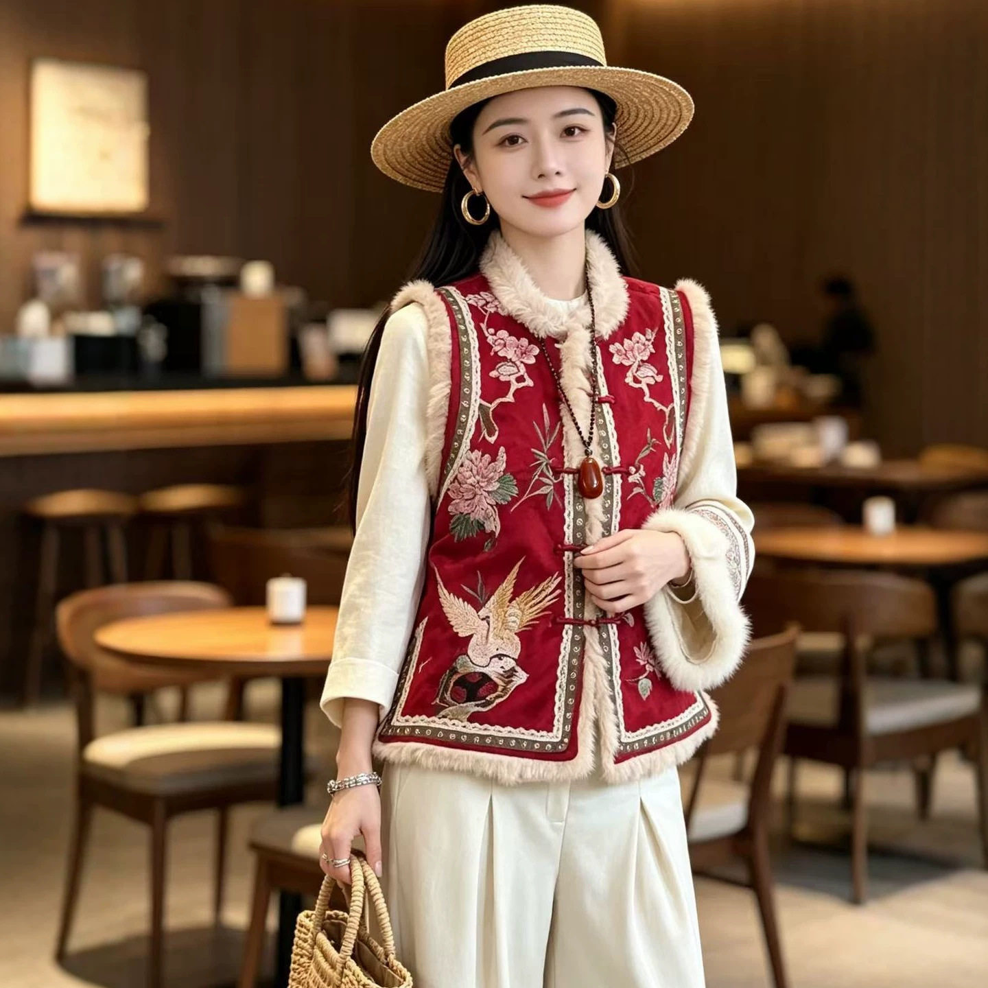 园园美衣风重工刺绣丝绒兔毛加棉马甲秋冬复古高级感保暖外套上衣