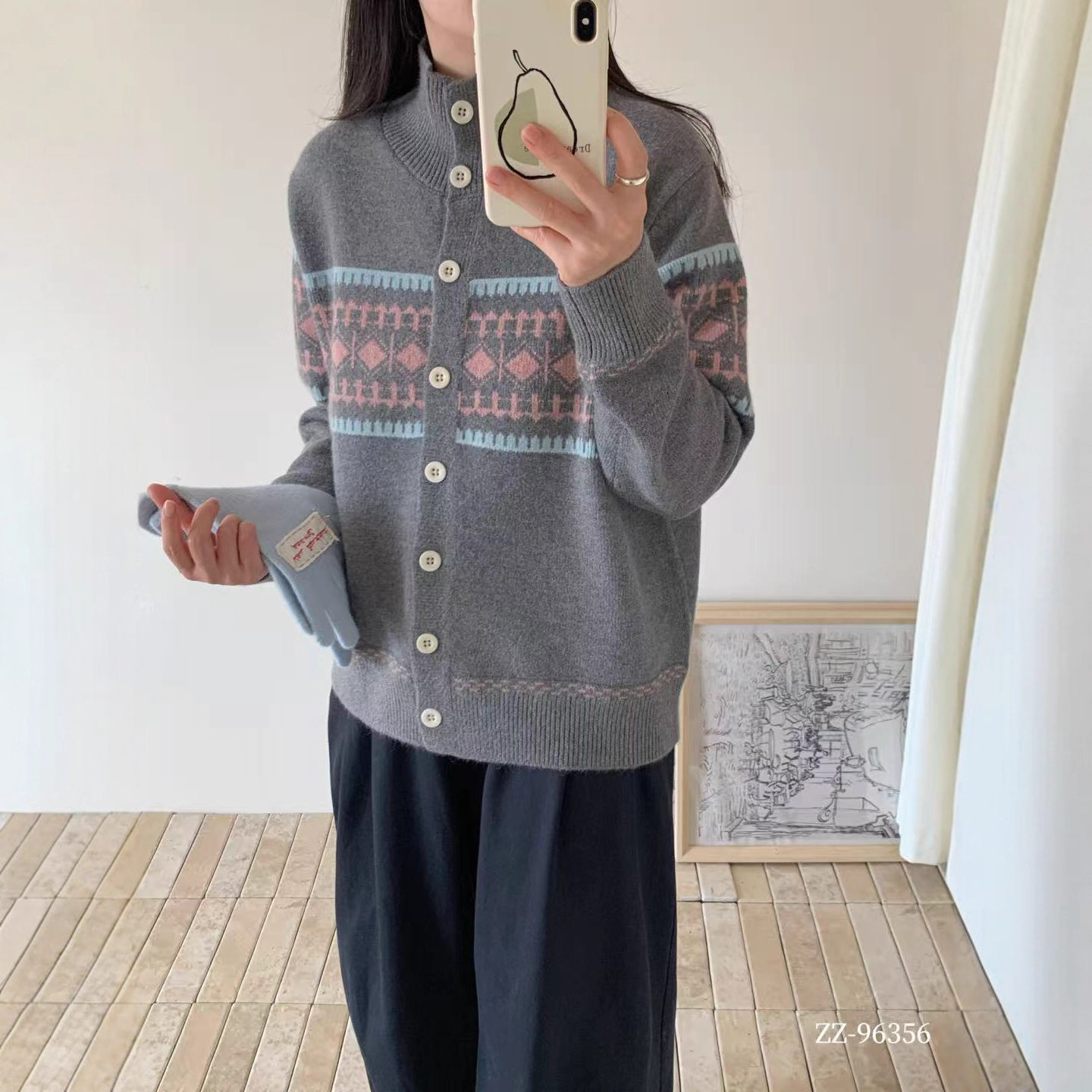 园园美衣衣新款慵懒风软糯宽松针织衫女圆领外套韩版宽松提花毛衣