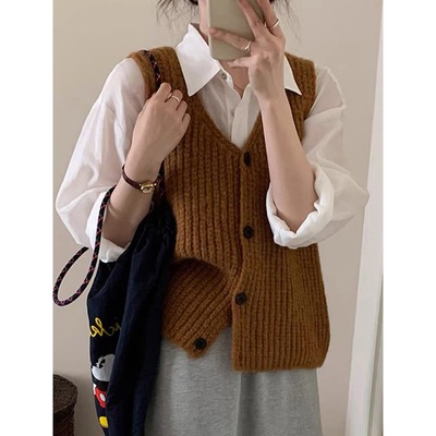 园园美衣粗线v领针织马甲开衫女