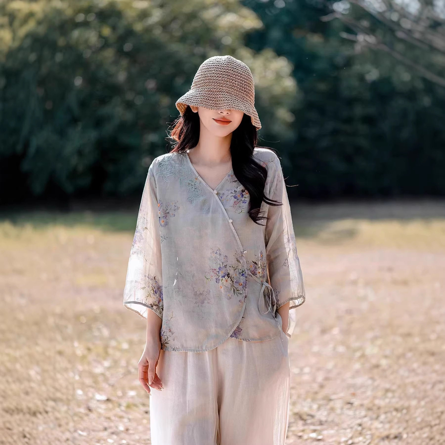 园园美衣苎麻印花七分袖盘扣小衫宽松薄款中国风套头上衣女装均码