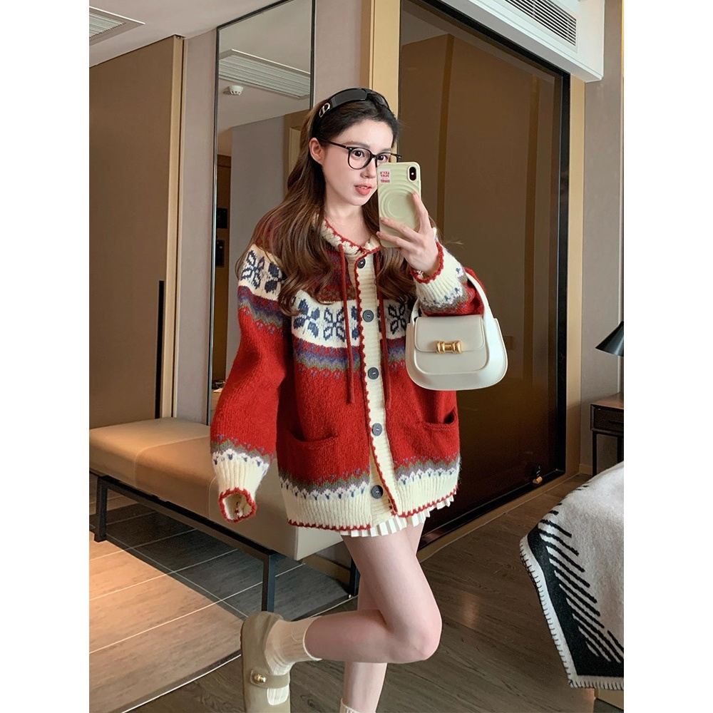 园园美衣连帽毛衣外套女2026新款冬季费尔岛提花复古针织开衫上衣