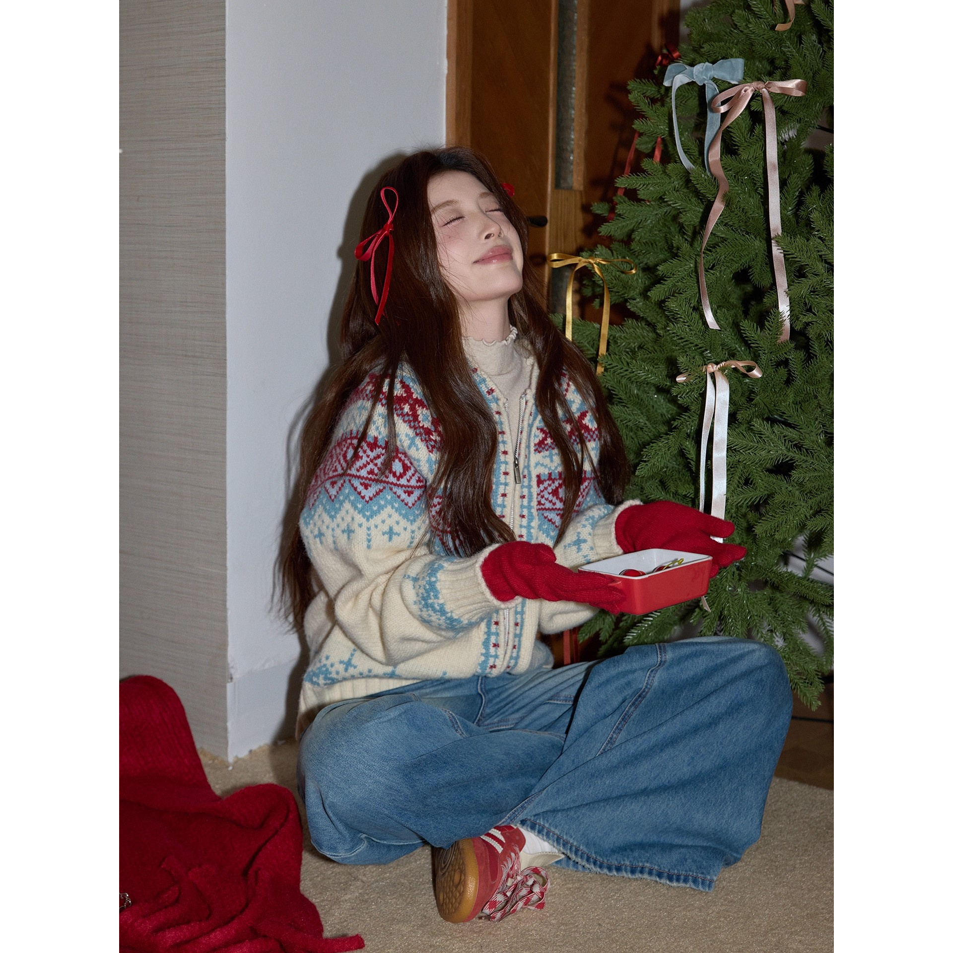 园园美衣诞连帽厚毛衣开衫秋冬女米色费尔岛毛衫加厚长袖毛织外套