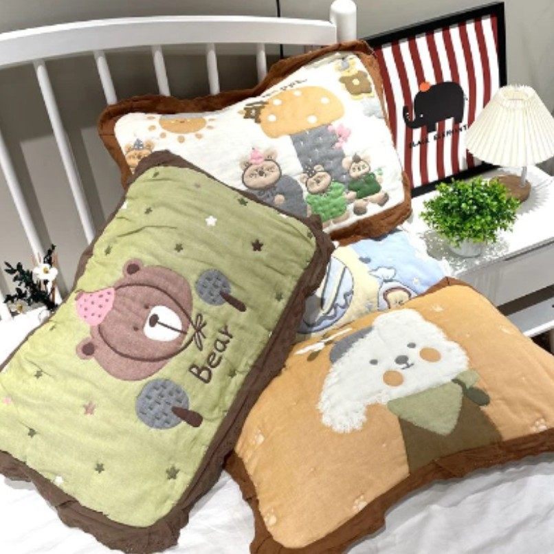 日系A类全棉花边泡芙儿童枕巾中号40*60纯棉纱布加厚夹棉卡通一对