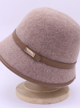 x53秋冬新款韩版小皮带扣百搭休闲羊毛混纺渔夫帽女盆帽保暖帽子