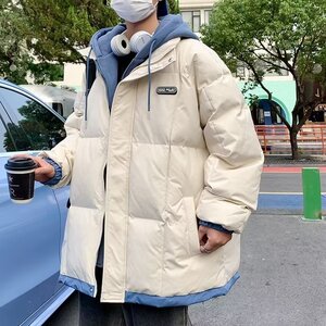 港风拼接假两件连帽棉服外套男冬季潮流宽松棉衣面包服情侣棉袄