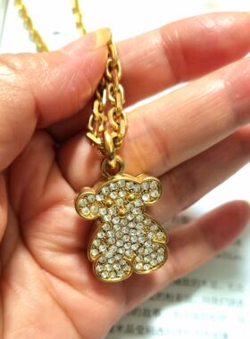 优品饰品金黄水晶镶嵌双面小熊泰迪熊项链