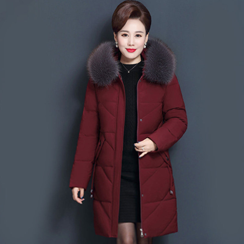 妈妈装加厚棉袄女款2025新款中长款羽绒棉服女士连帽红色棉衣外套