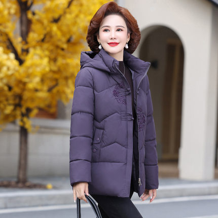 中老年女装中长款连帽羽绒棉服外套大码妈妈装羽绒棉服新款外套