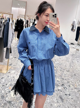 M家2025早秋新款女装法式烫钻时尚格子POLO领衬衫收腰连衣裙