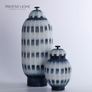 环球悦生活样板房间展示厅软装设计高塔蓝色蜡染花纹陶瓷罐瓶摆件