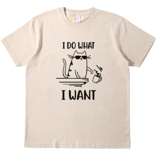 随心所欲猫 趣味卡其色T恤复古美式男女款情侣纯棉宽松短袖tshirt