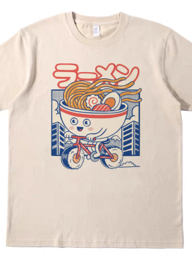骑行的拉面 直喷印花T恤复古vintagetee男女宽松休闲短袖tshirt