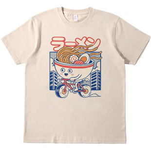 骑行的拉面 直喷印花T恤复古vintagetee男女宽松休闲短袖tshirt