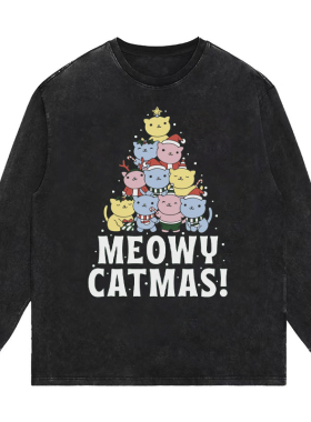 猫猫圣诞树 重磅美式复古vintagetee水洗做旧短袖t恤男女长袖卫衣