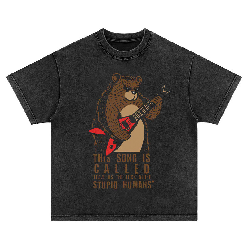 熊熊电吉他 趣味直喷印花美式水洗做旧复古纯棉重磅长短袖T恤男女