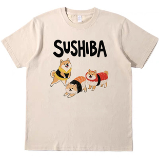 寿司柴犬小狗 tee宽松纯棉T恤 趣味直喷复古vintage男女情侣短袖