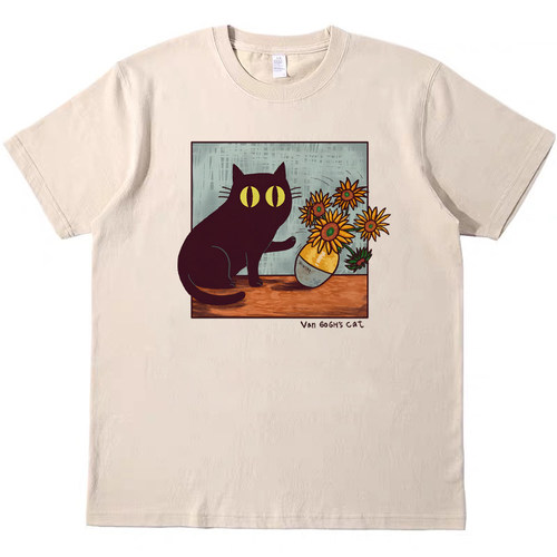 梵高的猫 趣味搞怪美式休闲T恤复古vintage男女宽松纯棉短袖tee