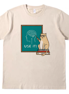 use it猫猫上课 趣味T恤 美式米色显白男女款情侣纯棉宽松短袖tee