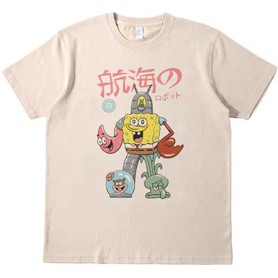 航海搞怪卡通动画日文印花T恤复古vintage男女宽松休闲短袖tshirt