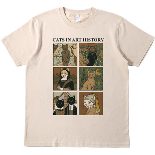猫猫名画 美式T恤复古vintage男女宽松米色显白纯棉百搭短袖tee