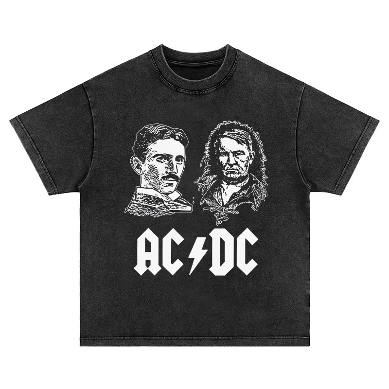Tesla vs Edison ACDC 水洗做旧重磅纯棉宽松圆领长短袖T恤卫衣
