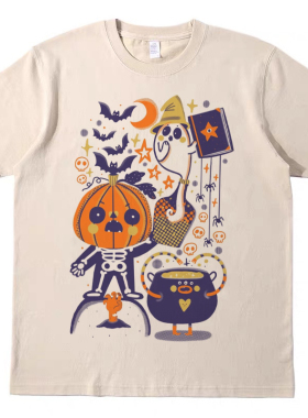 南瓜骷髅 趣味直喷印花T恤复古vintagetee男女宽松休闲短袖tshirt