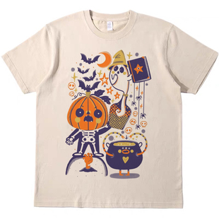 南瓜骷髅 趣味直喷印花T恤复古vintagetee男女宽松休闲短袖tshirt