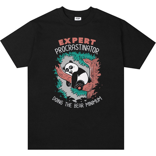 拖延症熊猫 T恤 趣味美式复古vintage短袖男女款情侣纯棉teeshirt