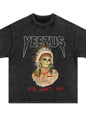 侃爷kanye west 说唱美式复古vintage水洗做旧短袖T恤男女卫衣tee