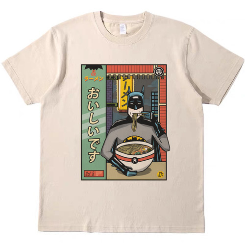 拉面蝙蝠侠搞怪趣味印花美式T恤复古vintage男女纯棉短袖teeshirt