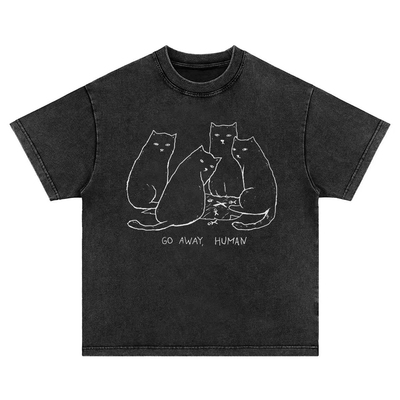 走开人类 猫咪趣味美式重磅水洗做旧纯棉宽松长短袖t恤男女卫衣