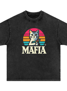 原创教父猫咪黑手党mafia复古水洗做旧宽松圆领长短袖t恤卫衣男女
