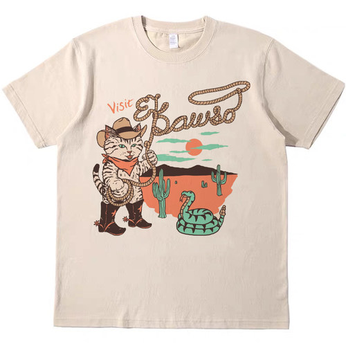 猫猫牛仔 趣味复古T恤美式男女款情侣卡其色纯棉宽松bf短袖tshirt
