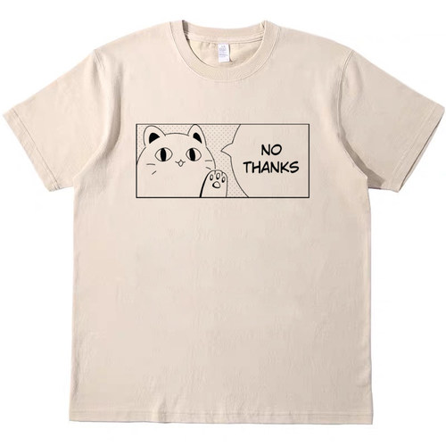 no thanks可爱猫T恤美式休闲米色显白男女情侣纯棉宽松短袖tshirt