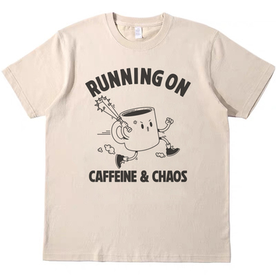 奔跑的咖啡杯 趣味美式复古vintage短袖男女情侣T恤纯棉tee shirt