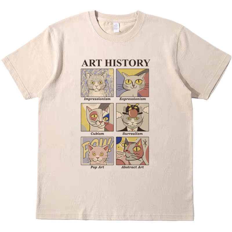 搞怪猫猫美术史 趣味阿美咔叽美式复古vintage短袖男女T恤纯棉tee