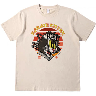 空手道猫咪 可爱印花美式T恤复古vintage男女款纯棉短袖tee shirt