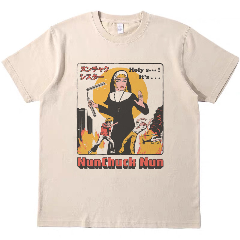 双截棍修女趣味搞怪美式休闲T恤复古vintage男女宽松纯棉短袖tee